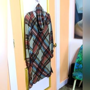 M, long sleeved plaid scoop neck poly-blend dress with matching circle scarf